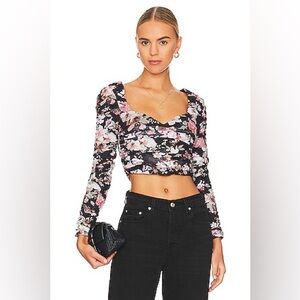 [astr the label] erica floral mesh long sleeve corset crop top black multi
